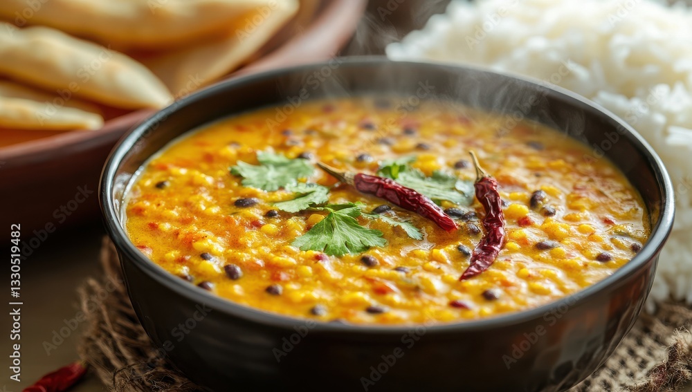 A bowl of steaming dal tadka served with steamed rice and papad, with a traditional Indian kitchen setting in the background. A bowl of steaming dal tadka served with steamed rice and papad, with a traditional Indian kitchen setting in the background.