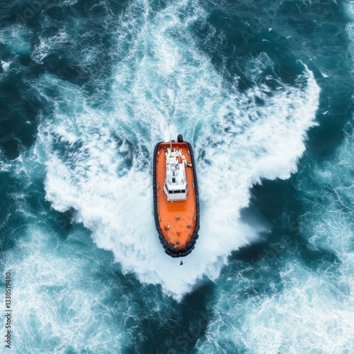 A rescue boat braving massive swells, highlighting human courage and perseverance photo