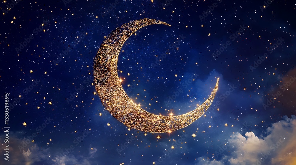 Naklejka premium Shimmering Crescent Moon with Sparkling Stars Against Deep Blue Night Sky