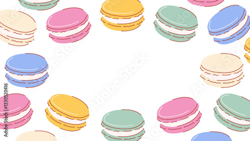 Macarons background with space for text in the middle. Hand drawn colorful vector flat illustration, macaroons frame or pattern with different flavors. Isolated backdrop. For poster, banner, design
