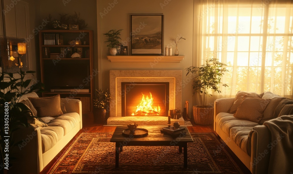 A cozy modern living room with plush sofas, a warm fireplace, and natural light, symbolizing comfort, relaxation, and homey vibes A cozy modern living room with plush sofas, a warm fireplace, and natural light, symbolizing comfort, relaxation, and homey vibes