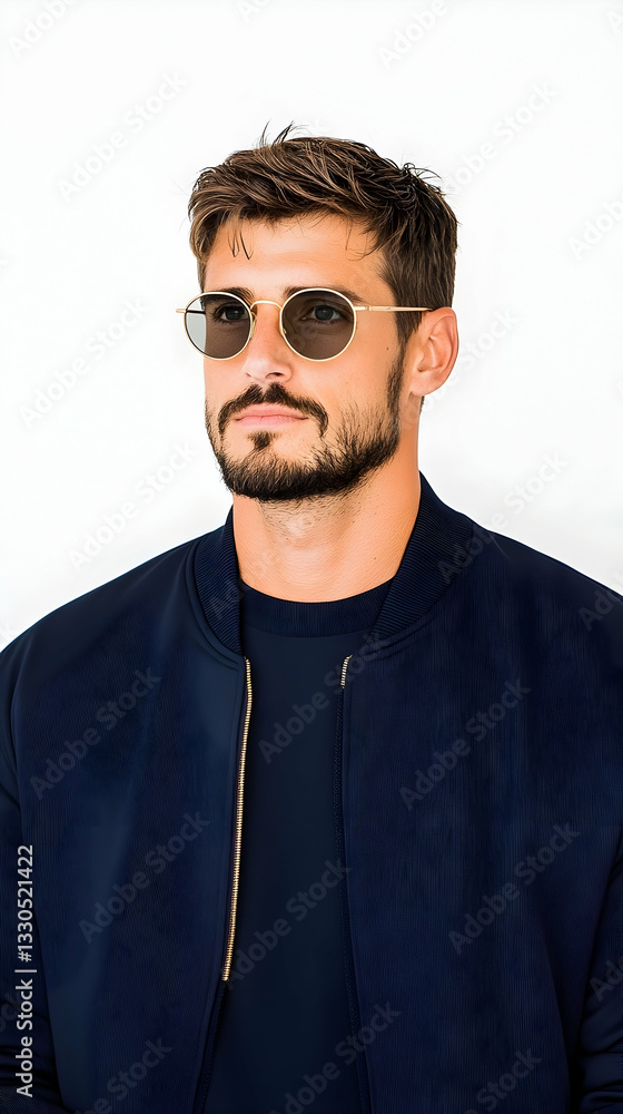 Obraz premium Stylish man in navy bomber jacket and round sunglasses