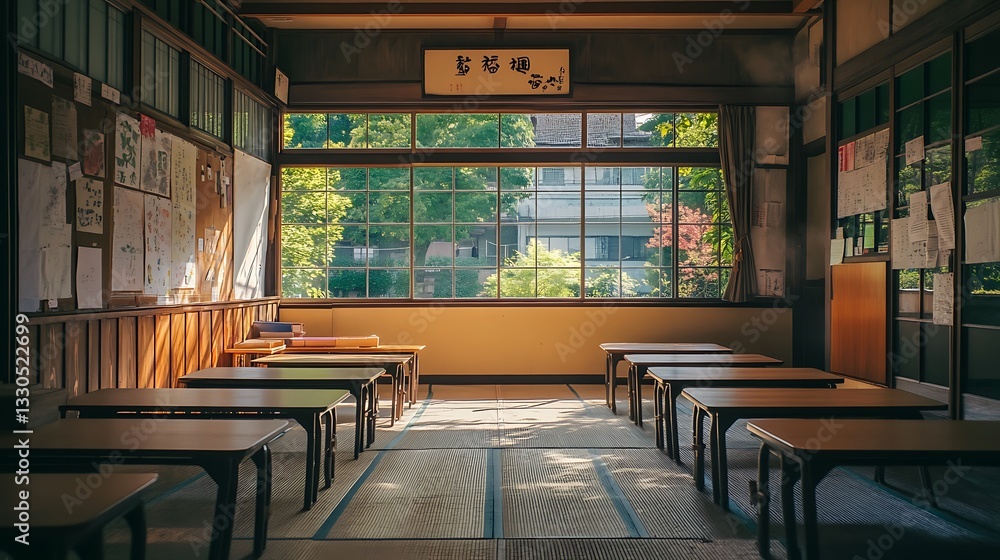 Obraz premium Classroom with Empty Desks Interior Featuring Natural Light and Japanese Style