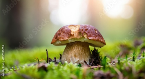 Close-up of boletus mushroom on green forest floor in sunlight