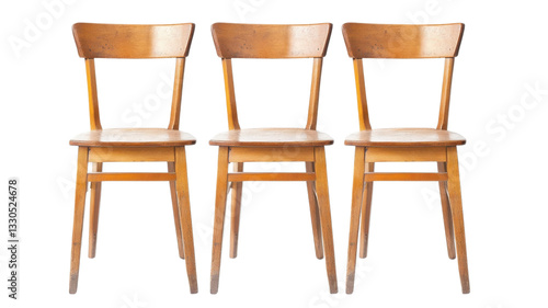 Wooden chairs arranged in a row on a bright background for display or sale in a modern setting