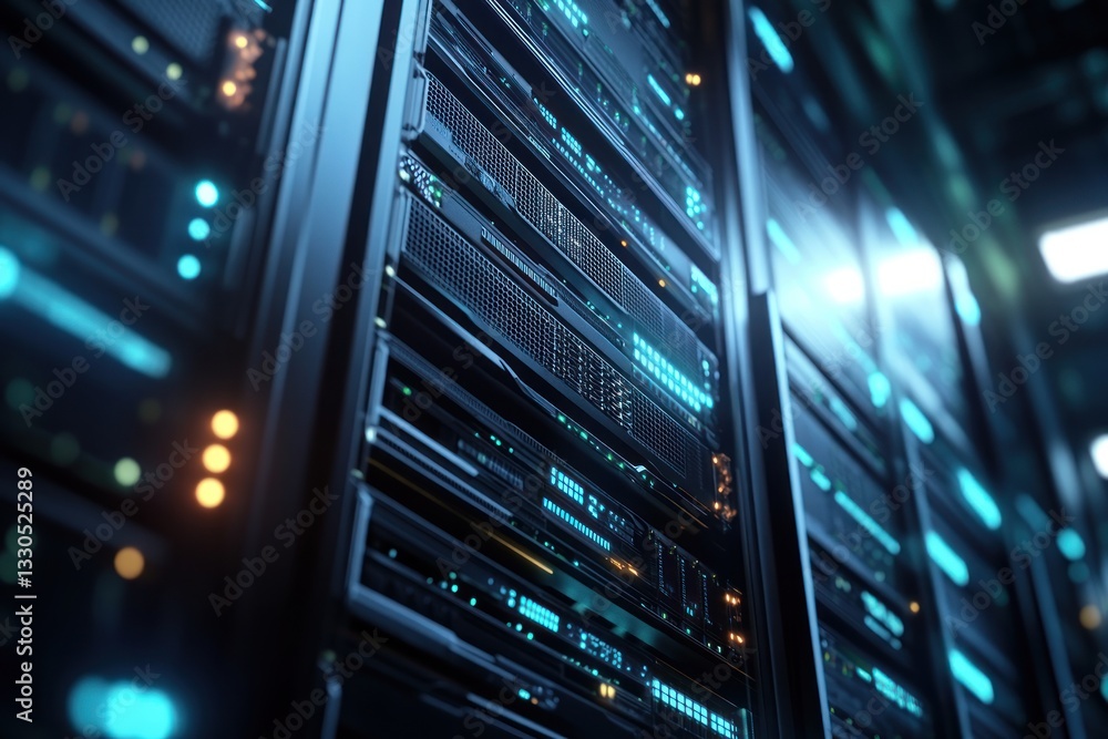 Server Rack in a Modern Data Center with Blue LED Lights and HighTech Components Server Rack in a Modern Data Center with Blue LED Lights and HighTech Components