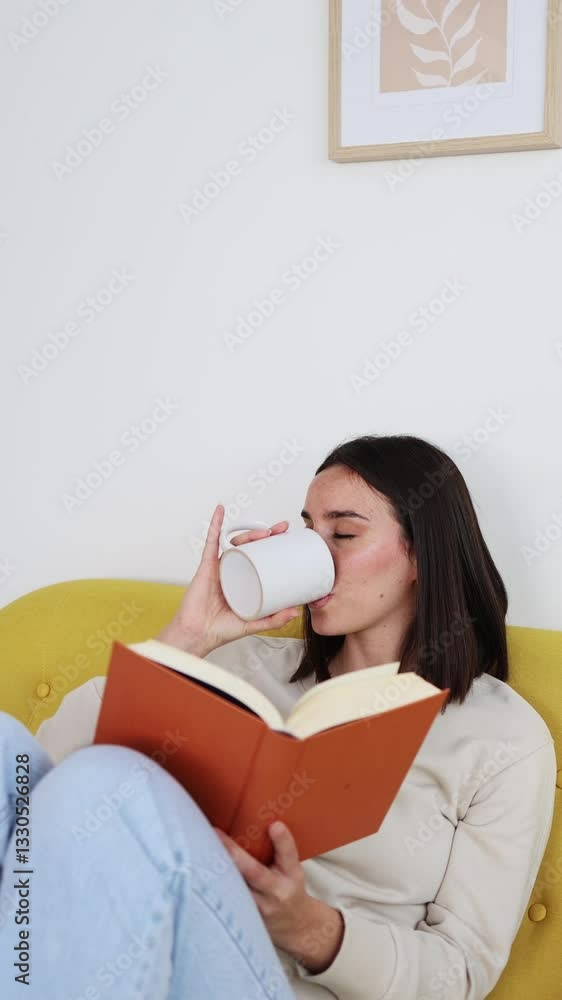 Young woman reading and drinking tea on sofa