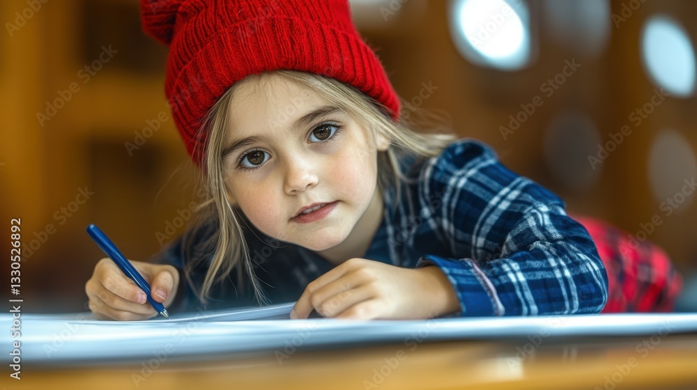 A young girl wearing a red beanie and plaid shirt is lying on her stomach and drawing with a blue pen. The warm indoor setting complements her concentration on the art A young girl wearing a red beanie and plaid shirt is lying on her stomach and drawing with a blue pen. The warm indoor setting complements her concentration on the art