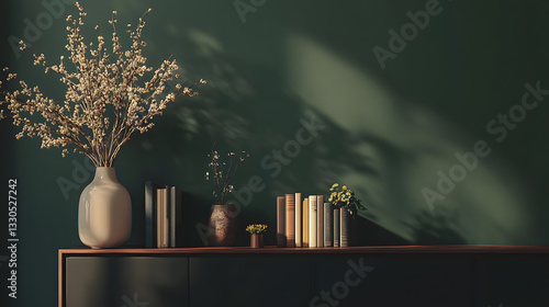 Serene Home Interior Sunlit Books and Dried Flowers on Dark Green Wall
