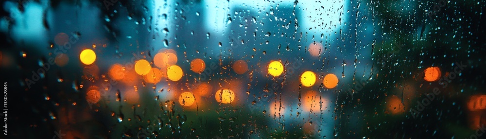 Fototapeta premium Blurred raindrops on window. This image captures the essence of a rainy night scene. The bokeh effect of the lights creates a dreamy and romantic ambiance.