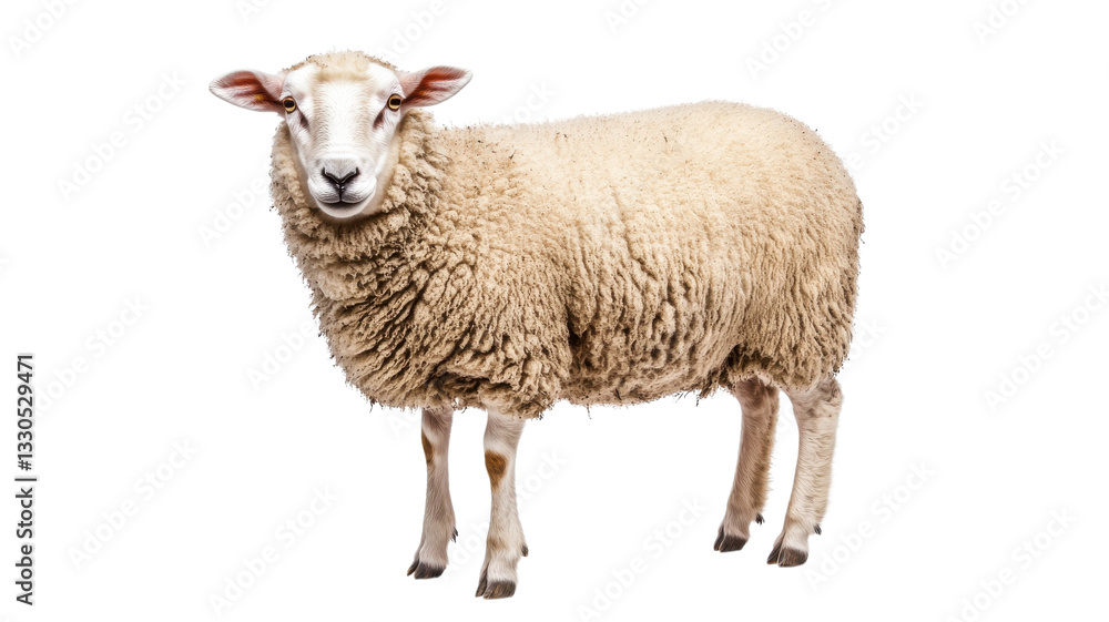 Obraz premium Sheep standing calmly in a bright meadow, showcasing its fluffy wool and curious expression during midday