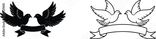 Two Doves, Black and White, Banner, Clipart, Symbols, Peace, Love, Unity, Wedding, Illustration