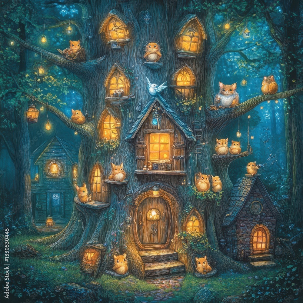 Obraz premium A whimsical tree home hosts small forest animals with glowing lights
