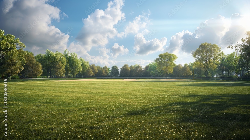Fototapeta premium A vibrant baseball field with lush green grass, pitcher's mound, and home plate, framed by trees, stadium lights, and a bright blue sky with scattered white clouds.