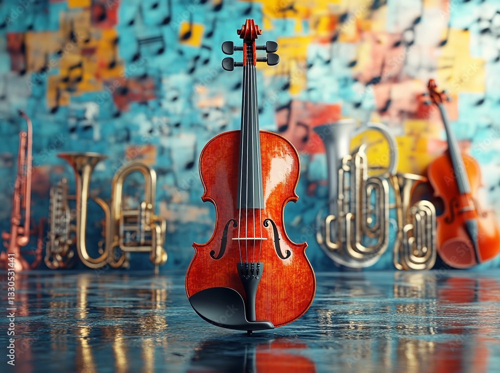 Naklejka premium 3D music poster design featuring an electric violin, brass instruments, and musical notes with vibrant colors and modern illustration style
