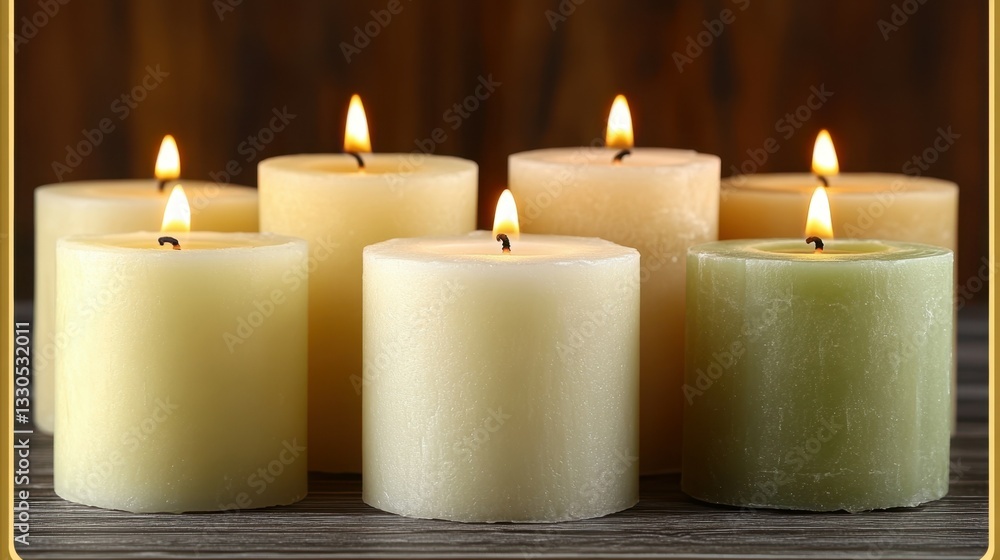 Several candles in various shades of cream and green illuminate a wooden surface, casting a soft glow in a cozy room. The warm light enhances the serene atmosphere Several candles in various shades of cream and green illuminate a wooden surface, casting a soft glow in a cozy room. The warm light enhances the serene atmosphere