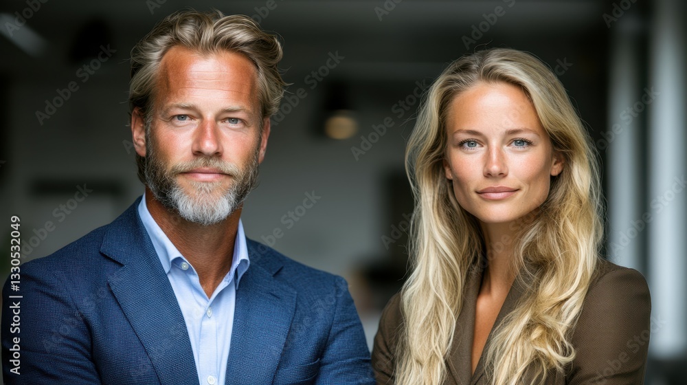 A well-dressed man with a beard and a woman with long hair stand side by side in a contemporary office setting. They exude professionalism and poise during a business meeting A well-dressed man with a beard and a woman with long hair stand side by side in a contemporary office setting. They exude professionalism and poise during a business meeting