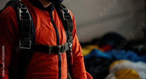 Close-up of skydiving suit with harness in bright orange fabric