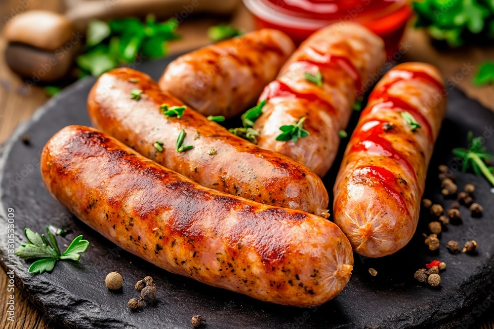 Juicy grilled sausages are beautifully arranged on a slate plate, garnished with fresh herbs and served with a vibrant sauce. The rustic wooden background adds warmth Juicy grilled sausages are beautifully arranged on a slate plate, garnished with fresh herbs and served with a vibrant sauce. The rustic wooden background adds warmth