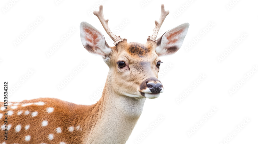 Fototapeta premium Fawn with distinctive spots and antlers stands calmly against a plain background in a serene and natural environment