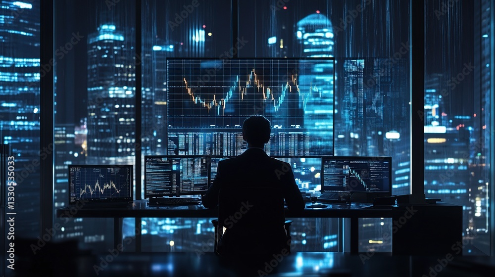 Stock Market Trading Analysis in Modern Office at Night Stock Market Trading Analysis in Modern Office at Night