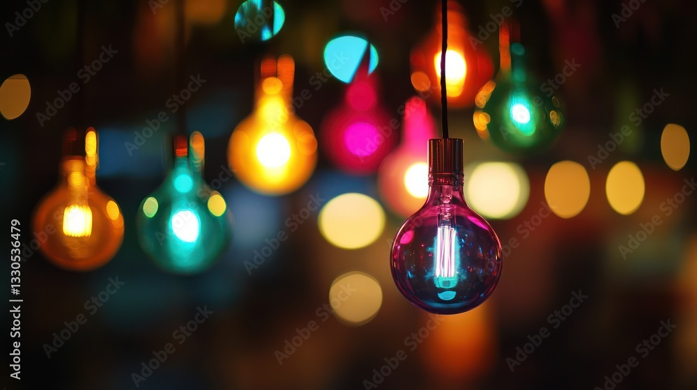 Fototapeta premium Colorful pendant lights hang in the dark, their vibrant hues contrasting with the blurred bokeh backdrop