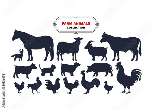 Farm Animals Silhouettes Collection Featuring Horses, Cows, Goats, and Roosters