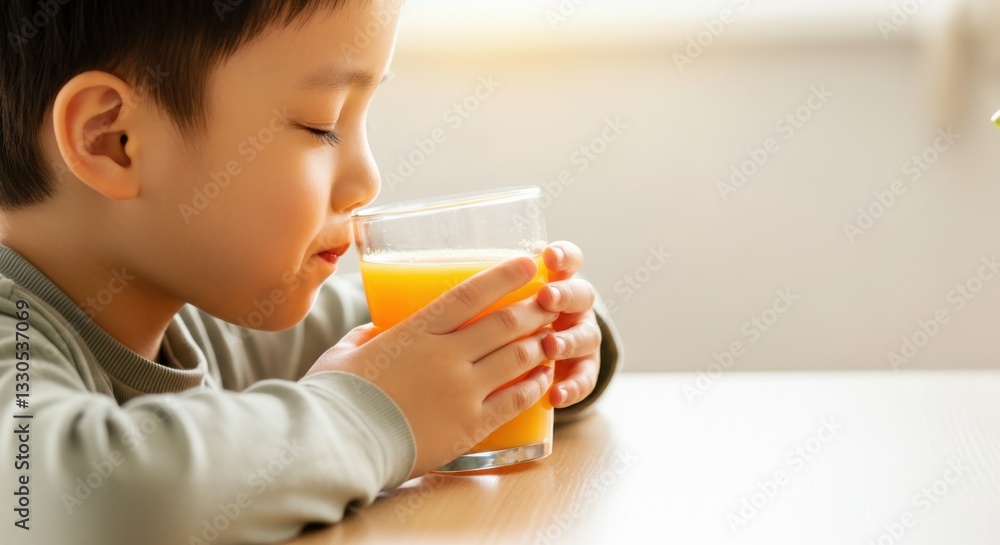 Asian male child drinking fresh orange juice at home Asian male child drinking fresh orange juice at home