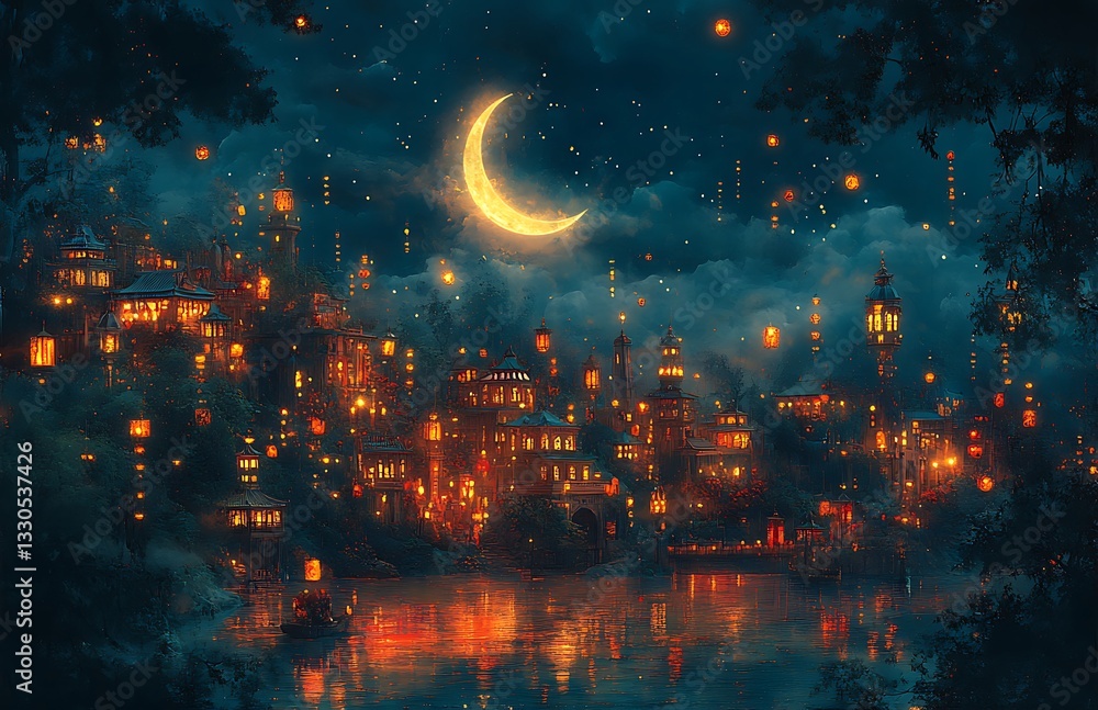 Naklejka premium Serene Nighttime Cityscape with Glowing Lanterns, Crescent Moon, and Misty River