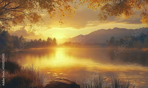 Romantic sunset over a serene lake, golden reflections on the water creating a tranquil and picturesque scen photo