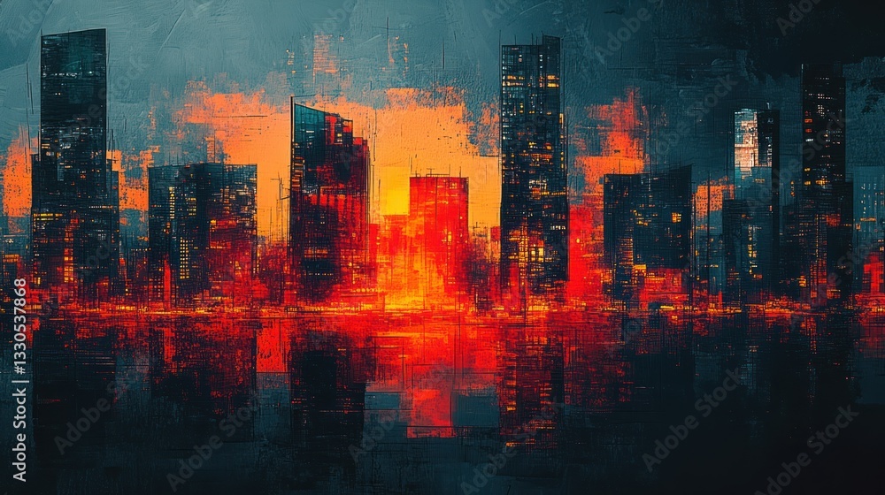 Obraz premium Fiery Cityscape at Sunset: A Digital Painting