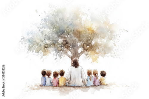 Jesus Christ Sitting with Children Near Tree Watercolor Illustration Isolated on White Background