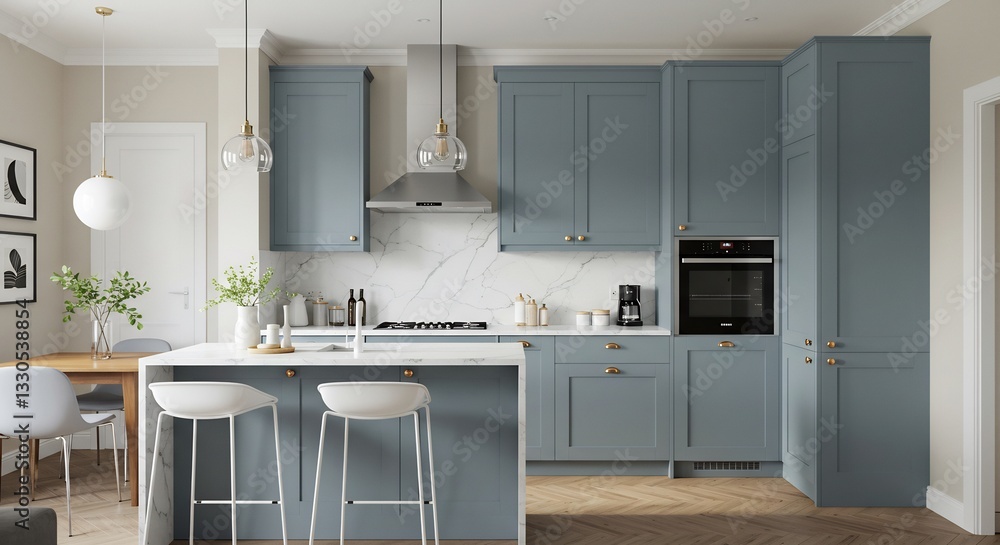 Serene Blue Kitchen Island Modern Design. AI Generated Serene Blue Kitchen Island Modern Design. AI Generated
