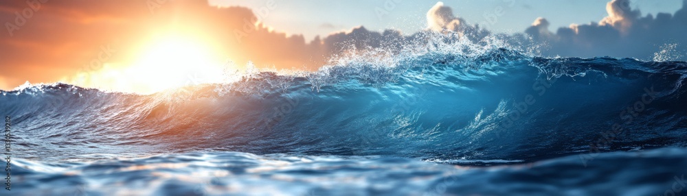 Fototapeta premium Ocean wave at sunset, sunlight through wave, powerful wave, sea wave.