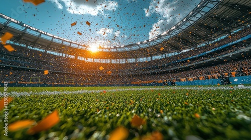Stadium Celebration: Confetti Rain Over a Packed Arena