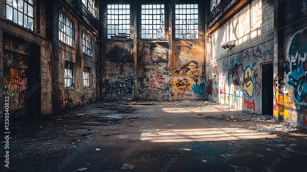 Fototapeta premium Exploring Dilapidated Building Interior with Graffiti Art and Sunlight Rays