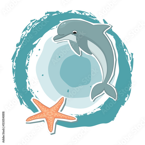 Marine print with dolphin and starfish. Cartoon illustration with sea animal and grunge round shapes. Collage of vector elements with papper cut base. Design for textile, tee-shirt, banner, card.