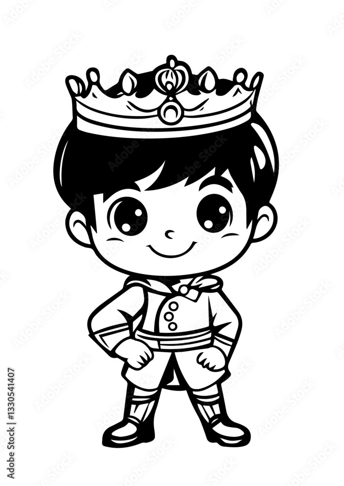 Cute little prince standing confidently with a crown and royal outfit. Black and white silhouette clipart, perfect for kids' designs, prints, and decorations. Cute little prince standing confidently with a crown and royal outfit. Black and white silhouette clipart, perfect for kids' designs, prints, and decorations.