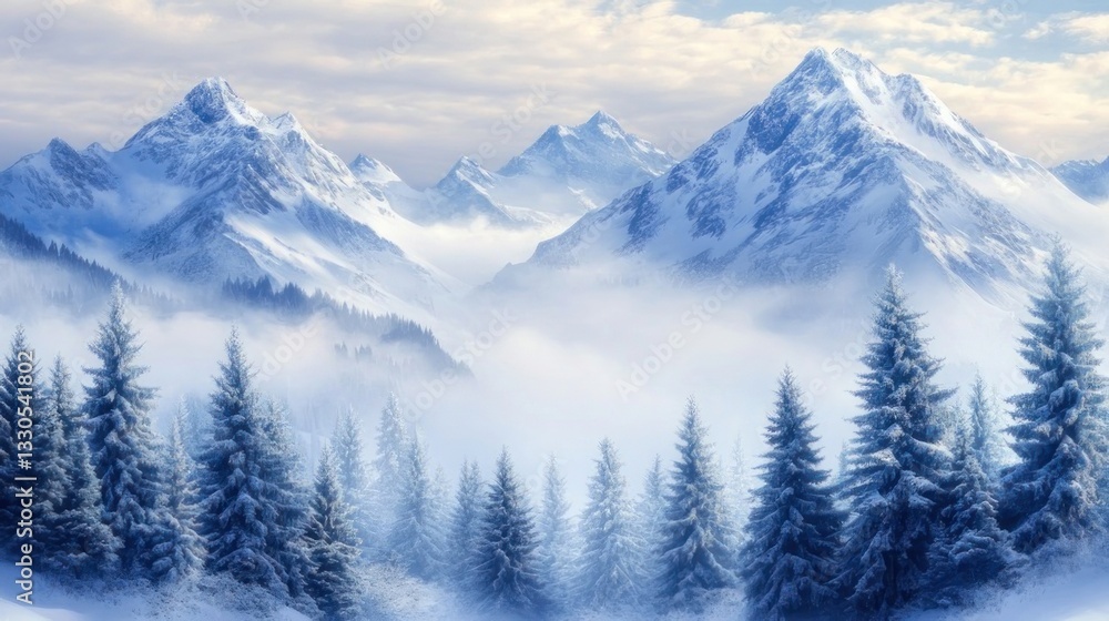 Snowy mountain peaks shrouded in mist, serene winter landscape Snowy mountain peaks shrouded in mist, serene winter landscape