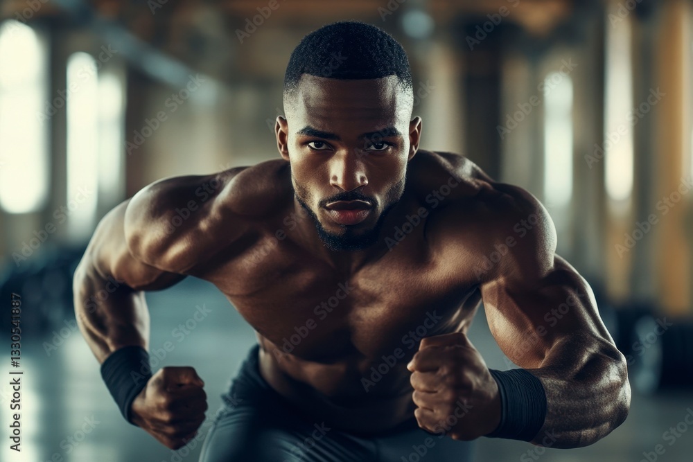 Fototapeta premium Muscular Black man flexing muscles in gym