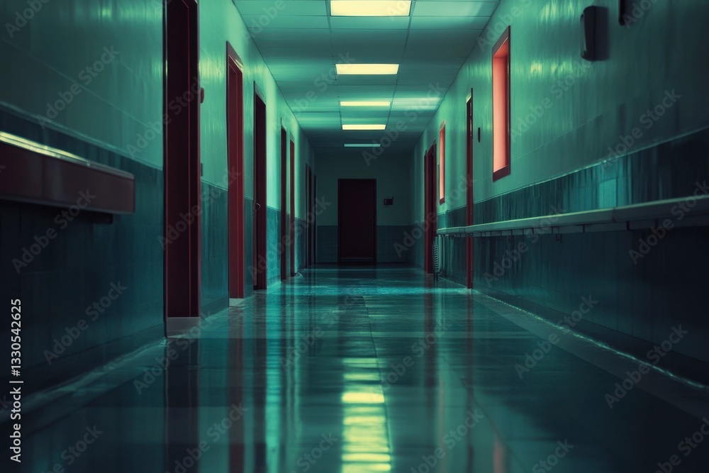 Fototapeta premium Eerie Hospital Hallway with Red Doors and Dim Lighting Creates a Suspenseful and Gloomy Atmosphere