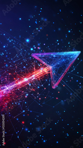 Polygonal arrow pointing up symbolizing growth, success, and progress in a technological and futuristic context