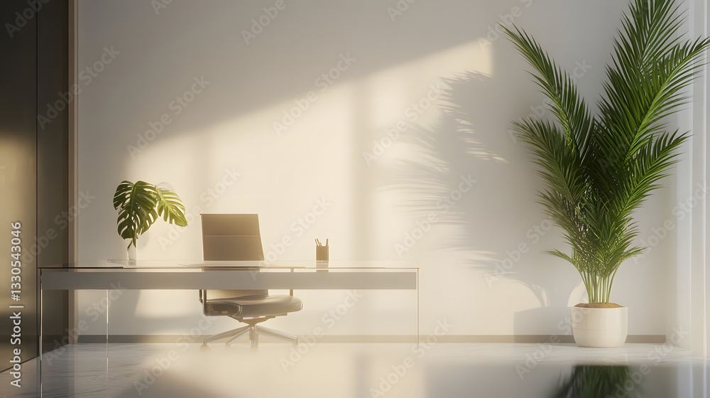 Fototapeta premium Modern Minimalist Home Office Workspace with Sunlight and Plants