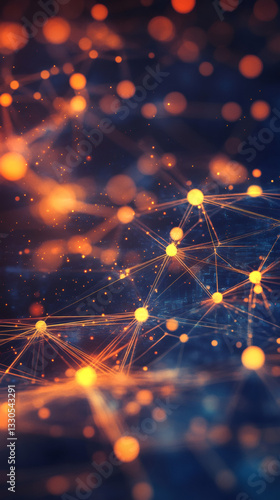 Glowing nodes and lines creating a complex network, symbolizing connections, data flow, and technological advancement