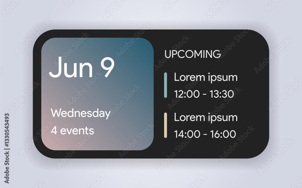 Mobile calendar widget interface template with scheduled events. Digital ios planner for task management, productivity, and organization. Dark iphone mobile app interface. Editable vector illustration Mobile calendar widget interface template with scheduled events. Digital ios planner for task management, productivity, and organization. Dark iphone mobile app interface. Editable vector illustration