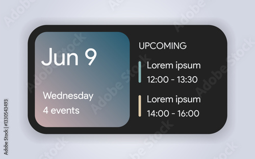 Mobile calendar widget interface template with scheduled events. Digital ios planner for task management, productivity, and organization. Dark iphone mobile app interface. Editable vector illustration