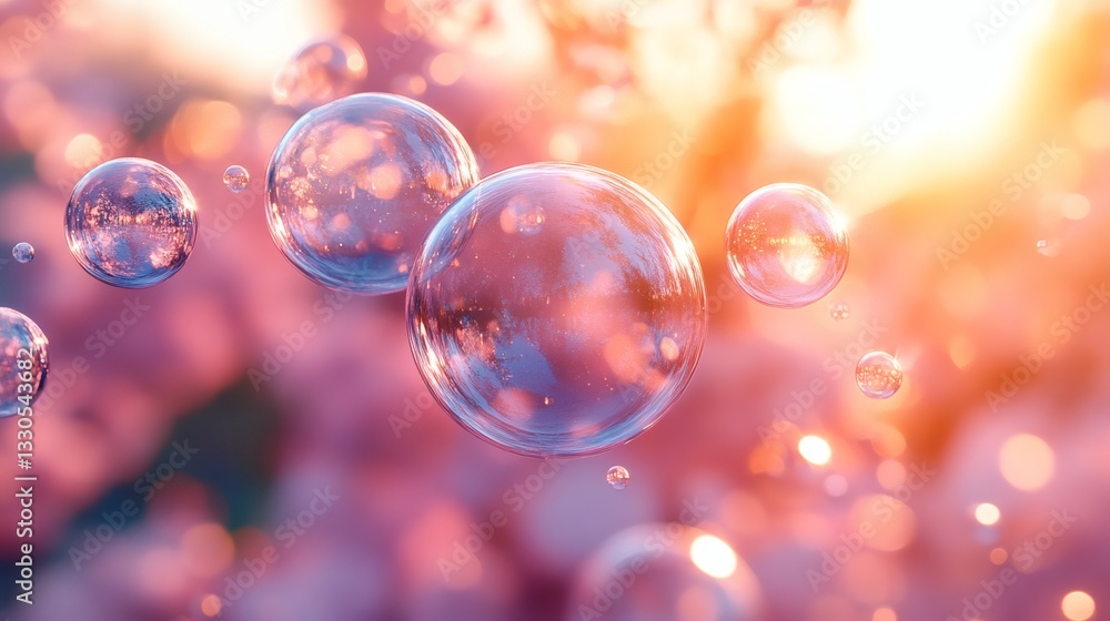 Transparent bubbles floating gracefully in a dreamy, soft-focus scene with a sun-kissed effect Transparent bubbles floating gracefully in a dreamy, soft-focus scene with a sun-kissed effect
