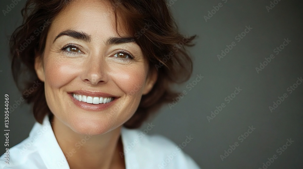 Happy Mature Caucasian Woman in White Shirt Smiling Joyfully Happy Mature Caucasian Woman in White Shirt Smiling Joyfully