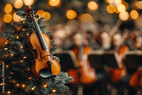Christmas tree with violin, blurred orchestra background in elegant concert hall, bokeh effect