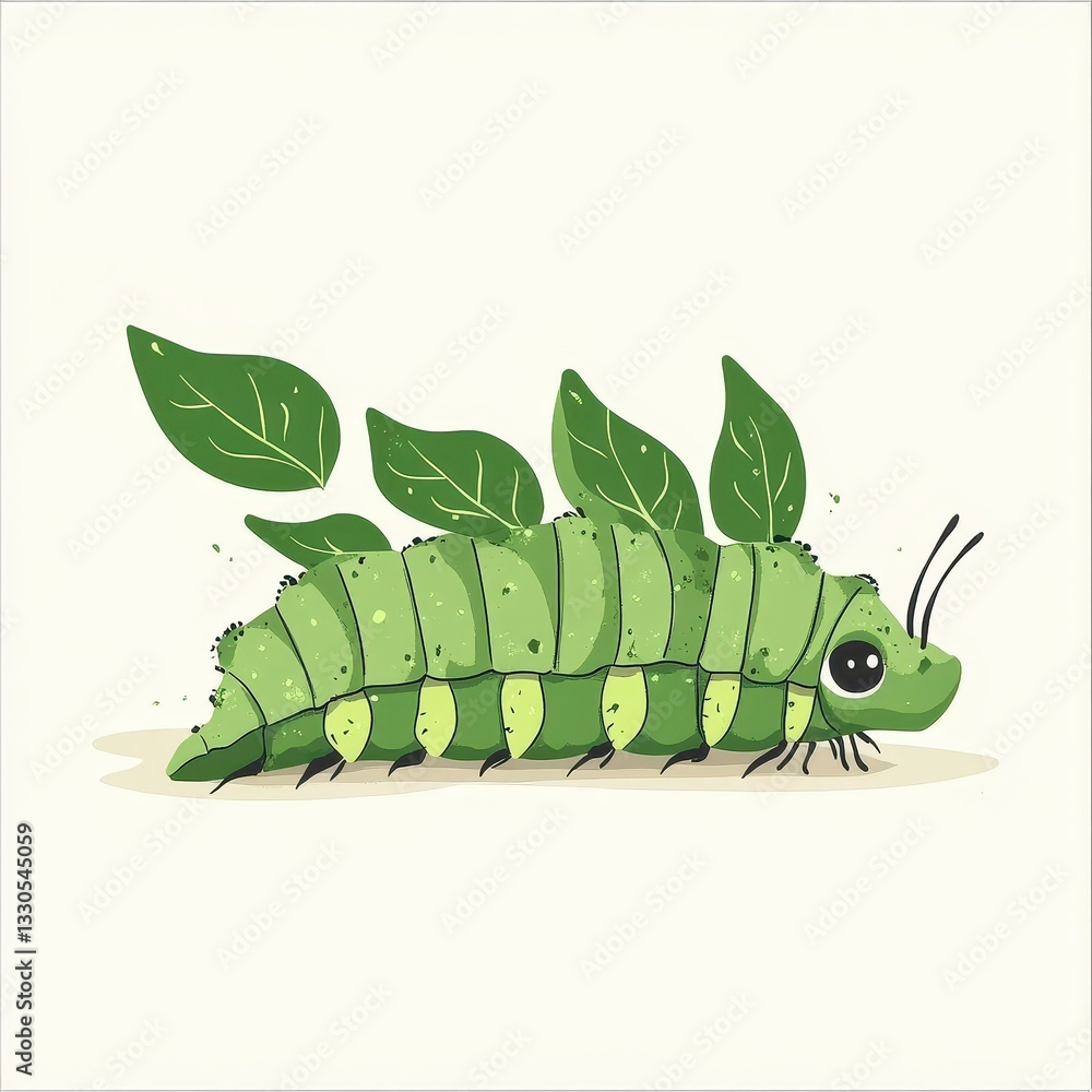 Naklejka premium An illustrated green caterpillar with leaves attached to its back